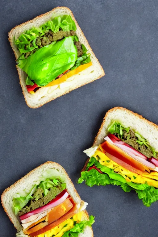 Prompt: alien sandwich, yellow meat and lettuce
