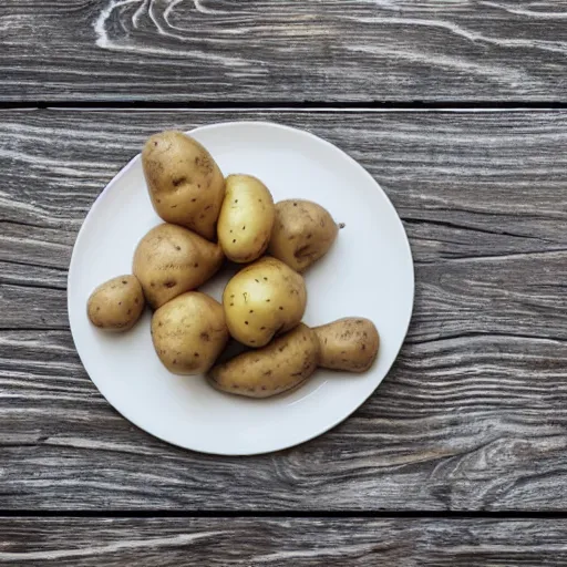 Image similar to potato with face, legs and arms, on a wooden table