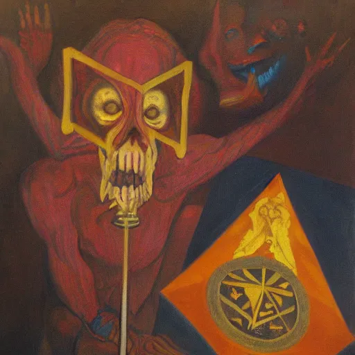 Image similar to portre of an autistic demon on acid, masonic and kabalistic symbols in background, oil painting