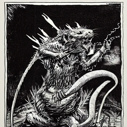 Prompt: electric rat with lightning bolt tail, a D&D monster, full body, pen-and-ink illustration, etching, by Russ Nicholson, DAvid A Trampier, larry elmore, 1981, HQ scan, intricate details, Monster Manula, Fiend Folio