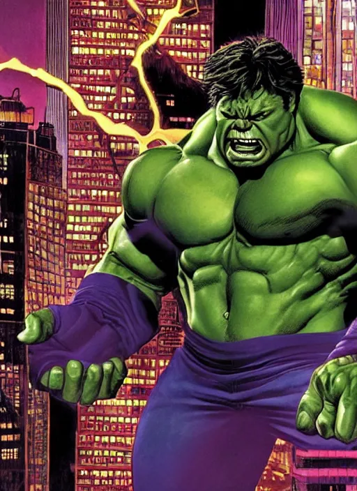 Image similar to a portrait of the incredible hulk looking angry in new york city by joe jusko, simone bianchi and alex ross dramatic lighting.