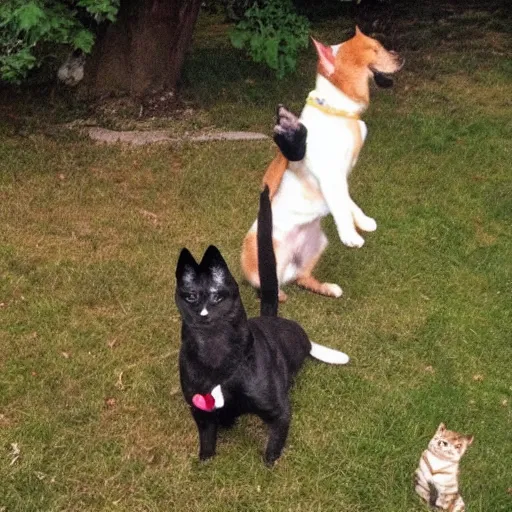 Prompt: dog doing nazi salute in front of cats