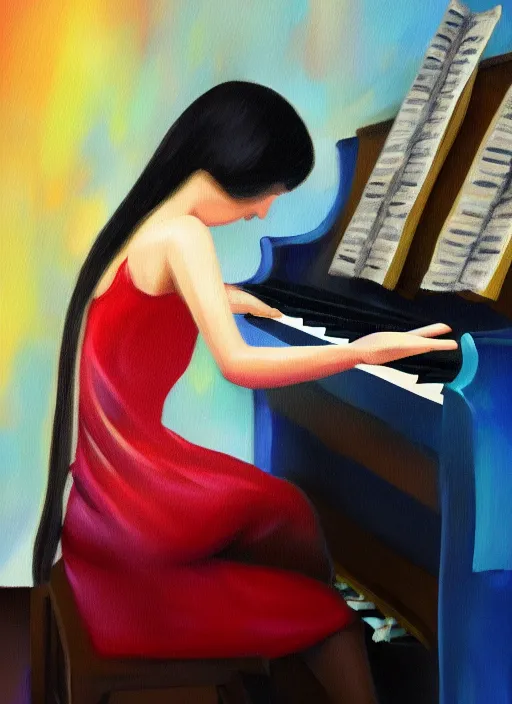 Prompt: kave painting of gril playing piano, 4 k, high quality, sharp fucos