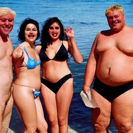 Prompt: one man with a big swollen foot, plus another skinny man, plus a blonde woman, plus a policeman in swimsuit, plus a black haired girl, plus a tall man big belly
