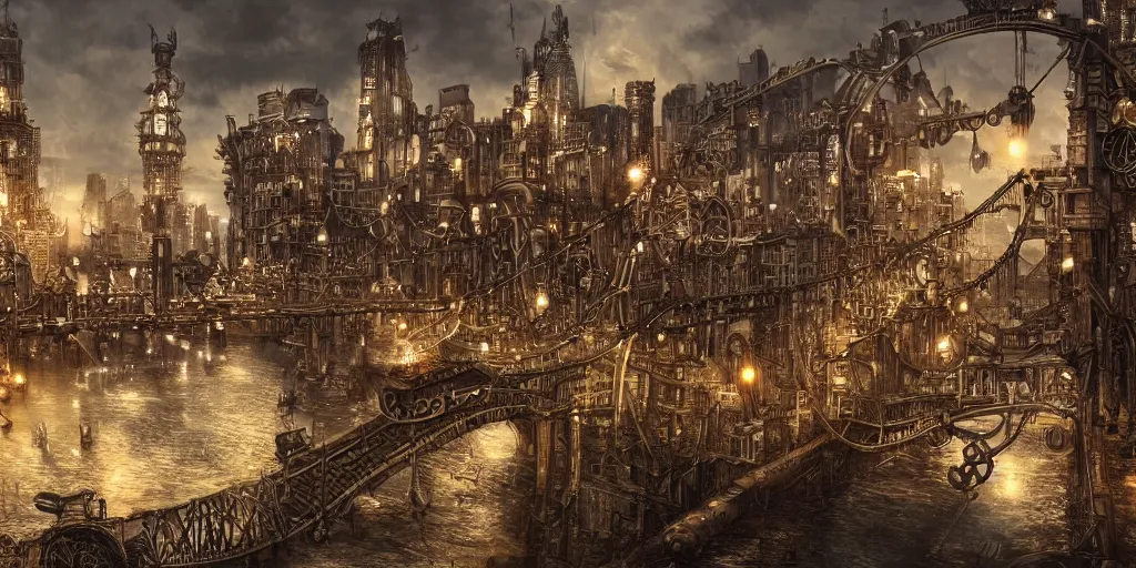 Prompt: Steampunk Haven, cityscape, rope bridges, high-quality wallpaper, desktopography