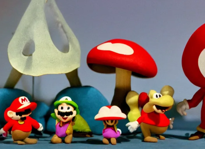 Prompt: still from a 1 9 8 5 live - action stop - motion puppetry tv show by tim burton starring the mario bros. and bowser and princess toadstool and toad and mario's enemies in dioramas of the mushroom kingdom. everything is made of plasticine, fabric, and physical materials. photographic ; cute ; highly - detailed.