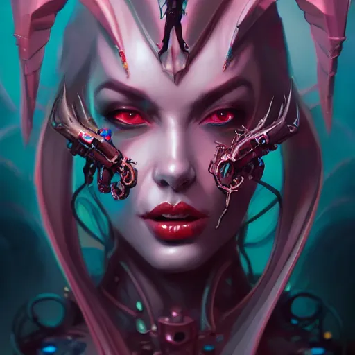 Image similar to a portrait of a beautiful demonic cybernetic grand duchess of hell, cyberpunk concept art by pete mohrbacher and wlop and artgerm and josan gonzales, digital art, highly detailed, intricate, sci-fi, sharp focus, Trending on Artstation HQ, deviantart, unreal engine 5, 4K UHD image