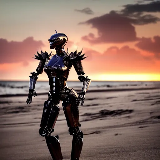 Image similar to cinematic body shot, realistic detailed stunning beautiful armored humanoid anthropomorphic female robot dragon, looking to the side with an elegant pose of hand on hip, smooth and streamlined armor and design made of steel, sharp claws and sharp teeth, high quality head, Slick LEDs, on the beach during sunset, high quality, cinematic art, sci fi, sunset lighting, 3D render, 8k, artstation, deviantart, furaffinity