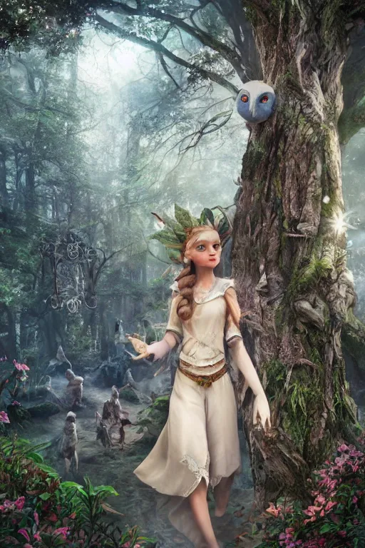 Prompt: a beautiful elf princes walking in an enchanted forest, realistic symmetrical face, detailed eyes, light rays sieving through the trees, an owl sitting on the tree branch, evening, warm light, hyper - realistic fantasy art, matte painting, trending on artstation