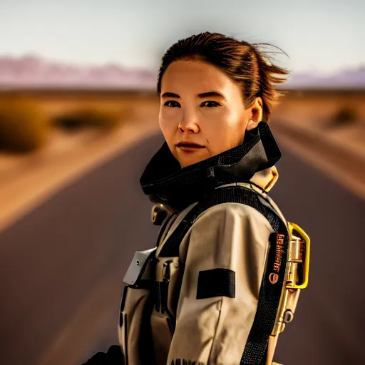 Image similar to photograph of a techwear woman, closeup, on a desert road with a futuristic city in the horizon, sigma 85mm f/1.4, 4k, depth of field, high resolution, 4k, 8k, hd, full color