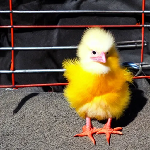 Prompt: photo of a cute baby chick dressed as an inmate