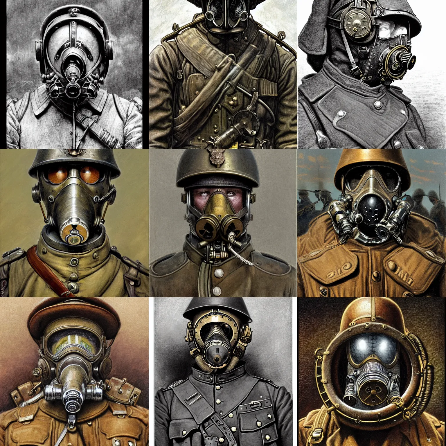 Prompt: a close up illustration of an wwi soldier wearing an impossible elaborate majestic cybernetic steampunk gas mask, symmetrical, 8 k, highly detailed, digital painting, by gustave dore, ken kelly, frazetta