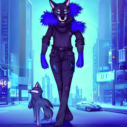 Image similar to an anthro anthropomorphic furry fursona hybrid of a blue german shepherd and a blue fox, with blue fur and blue eyes in a cyberpunk outfit, walking in cyberpunk neon streets, award winning digital art, trending on furaffinity, artstation, pixiv