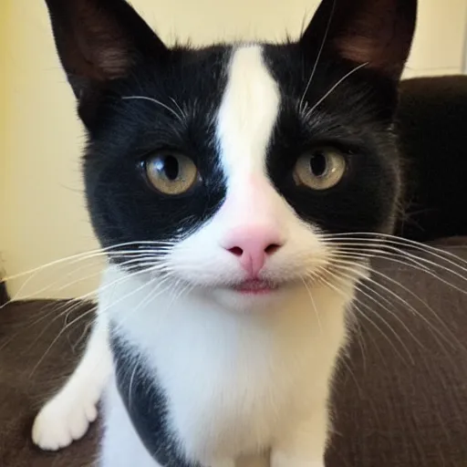 Prompt: a tuxedo kitty with a spot by the cheek