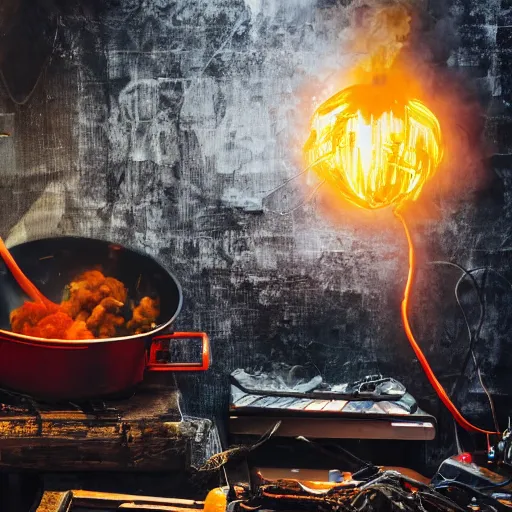 Image similar to fried egg in a red hot frying pan, tangles of metallic cables, dark messy smoke - filled cluttered workshop, dark, dramatic lighting, orange tint, sparks, plasma charges, cinematic, highly detailed, sci - fi, futuristic, movie still