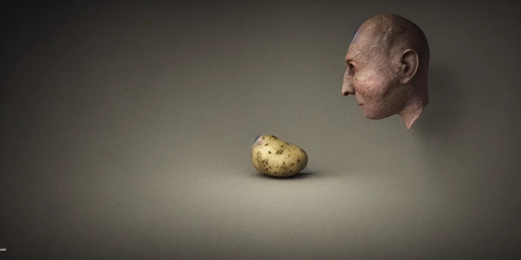 Image similar to potato, horror, dark cinematic, volumetric, realistic, 3d render, Realistic Render, Cinematic lighting, Volumetric lighting, atmospheric, cinematic, unreal engine, unreal engine render, octane render, HD, photorealism, hyper realistic, photo, 8K, in the style of Chris Cunnigham, by Wes Anderson