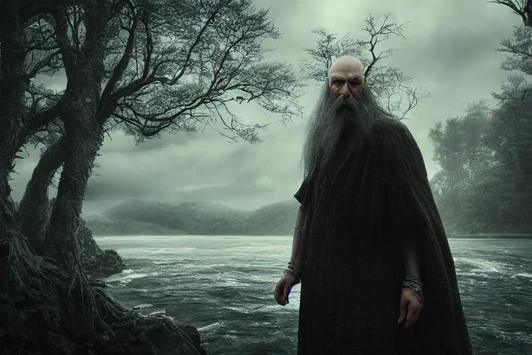 Image similar to an ultra realistic, cinematic headshot portrait, of an evil wizard, background of a vast serene landscape, with trees and rivers, detailed, deep focus, movie still, dramatic lighting, ray tracing, by michal karcz and yoshitaka amano