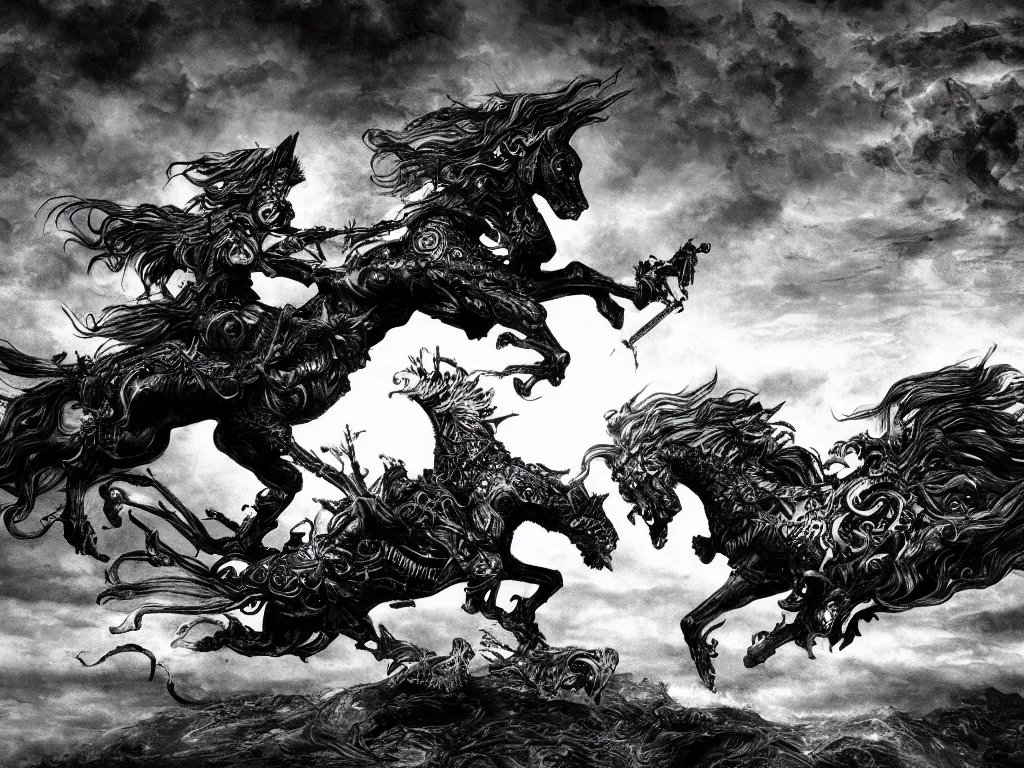 Image similar to black and white detailled illustration of death riding a pale horse over a wasteland in the style of yoshitaka amano / cinematic composition