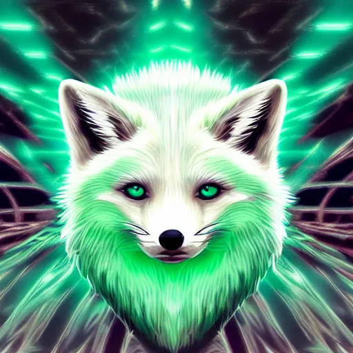 Prompt: digital very green and very white fox, retrowave palette, digital world, highly detailed, electric breeze, anatomically correct vulpine, synth feel, fluffy face, ear floof, flowing fur, super realism, accurate animal imagery, 4 k digital art