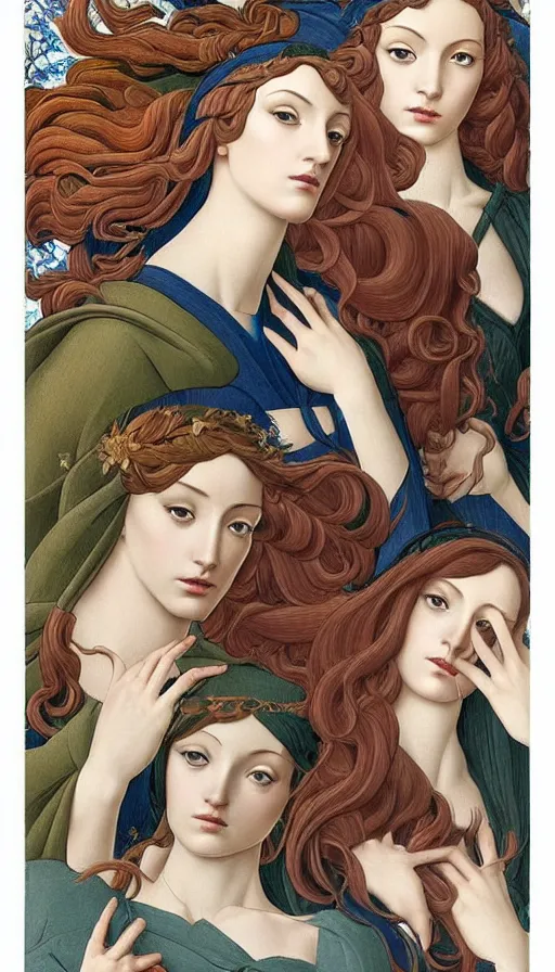 Image similar to the 12 months of the year as 12 figures, (3 are Winter, 3 are Spring, 3 are Summer and 3 are Autumn), in a mixed style of Botticelli and Æon Flux!!, inspired by pre-raphaelite paintings and shoujo manga, stunningly detailed, stunning inking lines, flat colors, 4K photorealistic