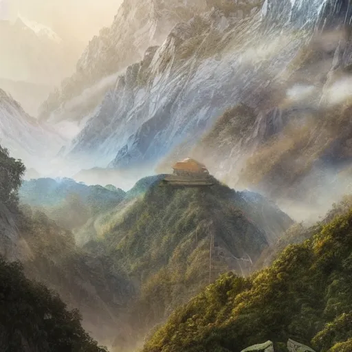 Prompt: a beautiful and highly detailed digital art of nepal in science fiction movie, detailed high buildings and rockets, forgotten valley, nepali architecture buildings, swirling mist, lush forests, intricate details, epic scale, insanely complex, 8 k, sharp focus, hyper realism, fantasy landscape, psychedelic, by caspar friedrich,