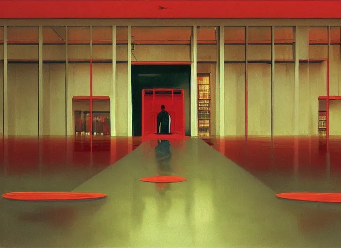 Image similar to flooded floor inside Amazon fulfillment center, people stacked on shelves in red plastic bags, flooded Edward Hopper and James Gilleard, Zdzislaw Beksinski, highly detailed