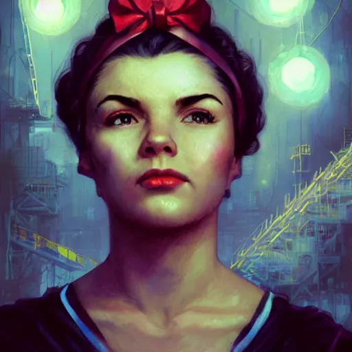 Image similar to A portrait of Rosie the Riveter, industrial setting, final fantasy, intricate digital painting, cinematic lighting, highly detailed, artstation, concept art, illustration, smooth, sharp focus, painting by Craig Mullins, artgerm , greg rutkowski, alphonse mucha, editor's pickup, trending on artstation, trending on deviantart, WLOP, 8k