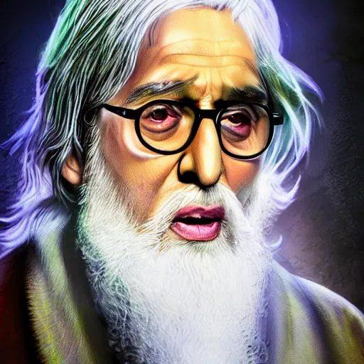 Prompt: amitabh bachhan as dumbledore, portrait, 4 k, realistic, cinematic, volumetric lighting