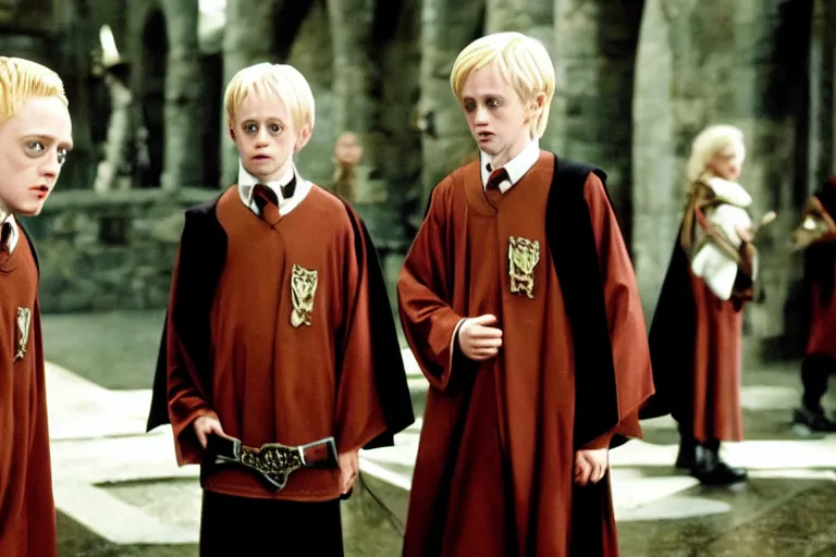 Prompt: film still Macaulay Culkin as Draco Malfoy wearing hogwarts uniform in Harry Potter movie