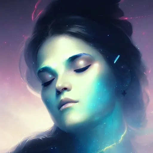 Image similar to a beautiful portrait of a cosmic goddess with closed eyes by Greg Rutkowski and Raymond Swanland, Trending on Artstation, nebula background, ultra realistic digital art