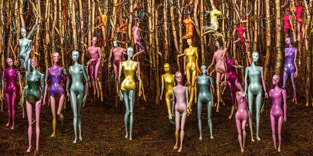 Image similar to award winning photo ofcontainer filled with manikin dolls neXt to metallic forest, vivid colors, happy, symmetrical face, beautiful eyes, studio lighting, wide shot art by gregory crewdson