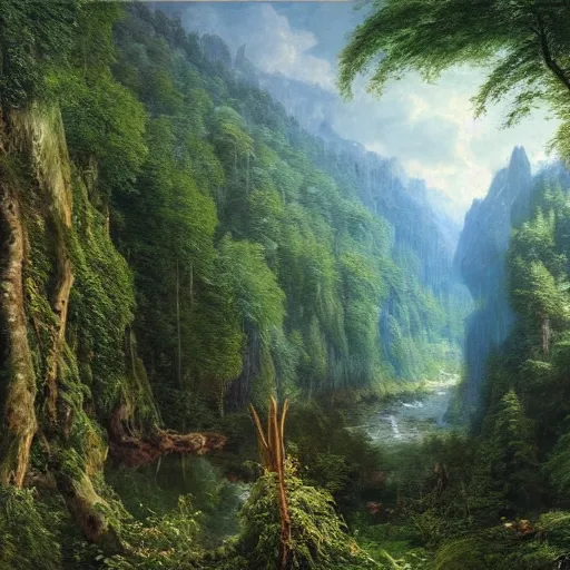 Image similar to a beautiful and highly detailed matte painting of a dreamy valley deep in the foresty mountains, epic forests, rivers, trees, flowers, crystals, intricate details, epic scale, insanely complex, 8 k, sharp focus, hyperrealism, very realistic, by caspar friedrich, albert bierstadt, james gurney, brian froud,