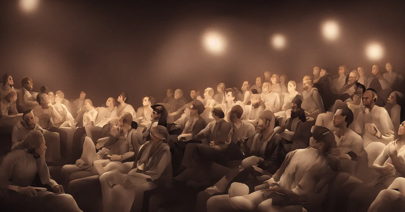 Prompt: human beings sit in the cinema and watch reflections of their lives on screen of life illusion, projecting by volumetric light of consciousness, realistic, deep sense of spirituality, visual plasticity, unreal engine quality, raytracing, vray shading, style of honore daumier