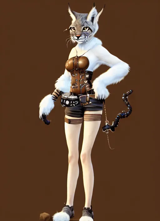 Image similar to wide angle beautiful full body portrait of a strong female anthropomorphic anthro lynx fursona wearing a steampunk leather shorts. from behind, character design by disney, anime, manga, charlie bowater, ross tran, artgerm, and makoto shinkai, detailed, soft lighting, rendered in octane, white fur, white face, lynx facial features