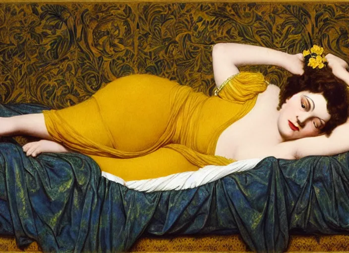 Image similar to portrait of liza minelli hybrid judy garland reclining on bed, wearing yellow ochre ornate medieval dress, preraphaelite colour photography by frederic leighton, william morris, 8 k