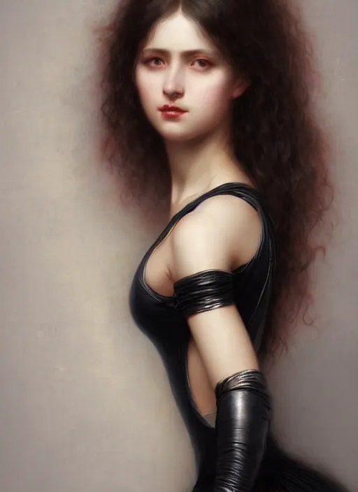 Prompt: A beautiful portrait of woman wearing black skintight clothes, digital art by Eugene de Blaas and Ross Tran, vibrant color scheme, highly detailed, in the style of romanticism, cinematic, artstation, Greg rutkowski