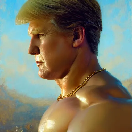 Image similar to detailed realistic cinematic wide shot of beautiful attractive muscular donald trump with gold chain wearing blue bath robe slim face symettrical face clean skin black eyes black robe smooth, sharp focus, ultra realistic, spring light, painting by gaston bussiere, craig mullins, j. c. leyendecker