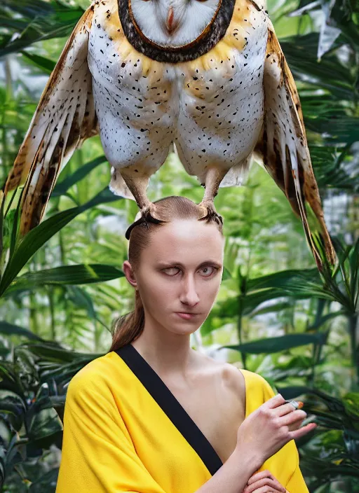 Image similar to amazing portrait photograph of an elegant top model wearing a yellow kimono with a very detailed barn owl on her shoulder!!! in a tropical greenhouse. looking at the camera!!. super resolution. Extremely detailed. art by Rineke Dijkstra.