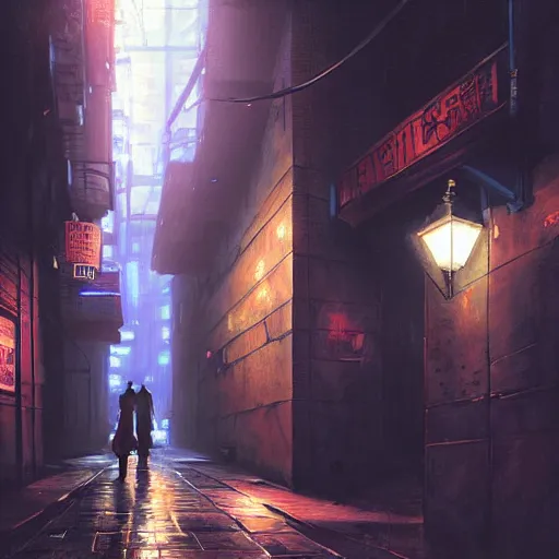 Image similar to a ultra detailed beautiful painting of a dark alleyway in a cyberpunk city at nighttime, oil panting, high resolution 4 k, by ilya kuvshinov, greg rutkowski and makoto shinkai