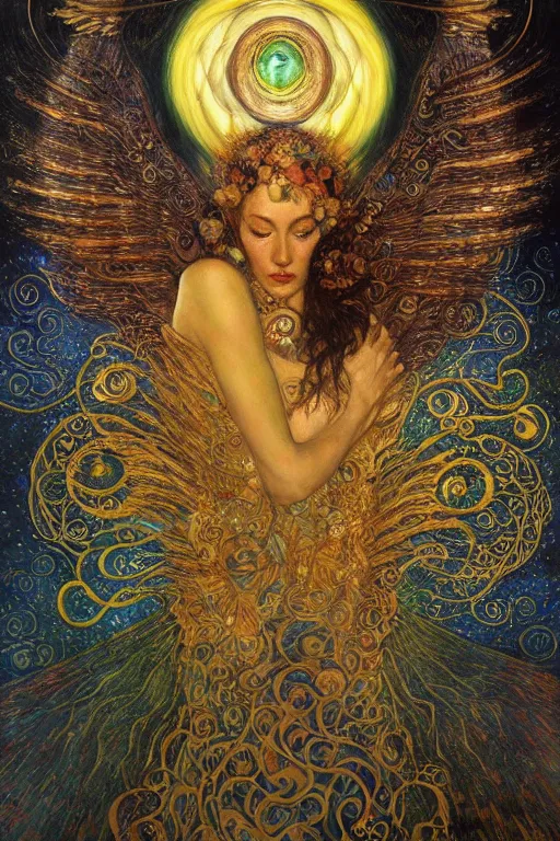 Prompt: Visions of Paradise by Karol Bak, Jean Deville, Gustav Klimt, and Vincent Van Gogh, visionary, otherworldly, celestial, fractal structures, infinite angel wings, ornate gilded medieval icon, third eye, spirals, heavenly spiraling clouds with godrays, airy colors