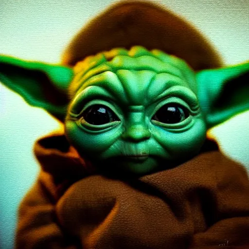 Image similar to detailed cinematic moody colors studio portrait of baby yoda, grogu, high quality by jeremy mann, only one head single portrait