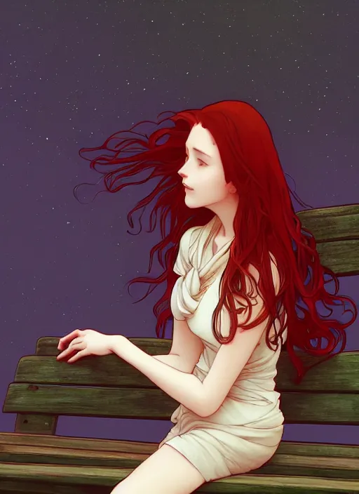 Image similar to pretty young woman with long red hair sitting on a park bench at the dead of night, path traced, highly detailed, high quality, digital painting, by studio ghibli and alphonse mucha, leesha hannigan, makoto shinkai, disney