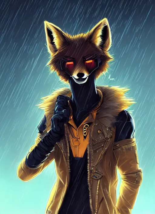 Image similar to award winning beautiful portrait commission of a male furry anthro melanated fox fursona with a tail and a cute beautiful attractive detailed furry face wearing stylish black and gold cyberpunk clothes in a cyberpunk city at night while it rains. Character design by charlie bowater, ross tran, artgerm, and makoto shinkai, detailed, inked, western comic book art