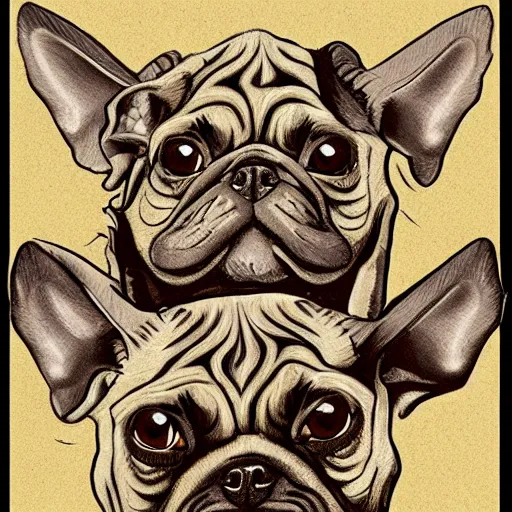 Prompt: Fantasy illustration of a three-headed Cerberus with heads of a chihuaha, frenchie, and pug.