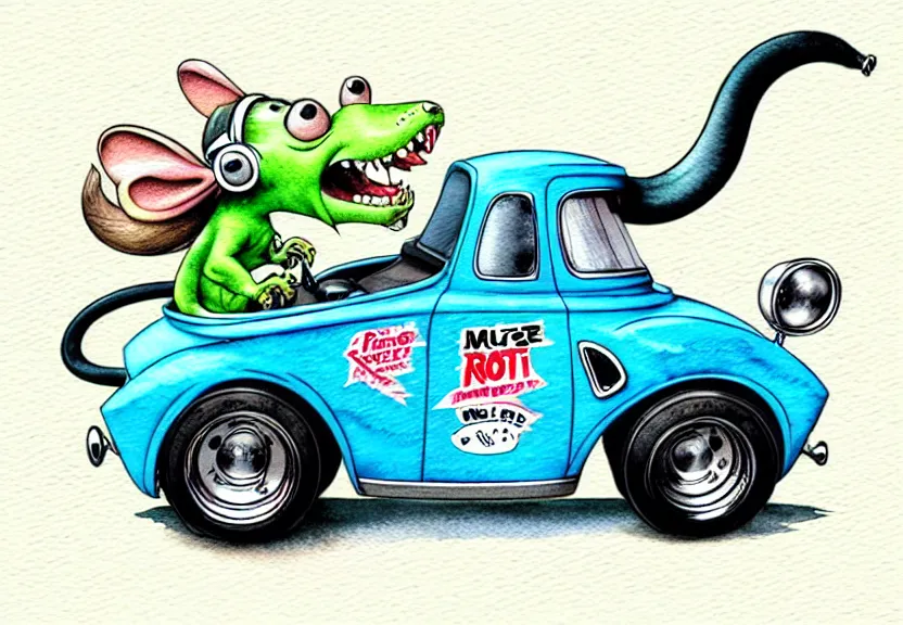 Image similar to cute and funny, rodent riding in a tiny hot rod coupe with oversized engine, ratfink style by ed roth, centered award winning watercolor pen illustration, isometric illustration by chihiro iwasaki, edited by range murata