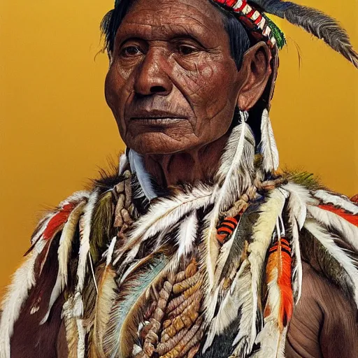 Prompt: high quality high detail painting by lucian freud, hd, full body of a indigenous tribe leader with a lot of feathers, photorealistic lighting