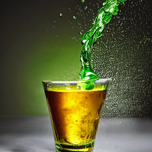 Prompt: a green liquid mixed with honey, waving, flowing, dramatic lighting