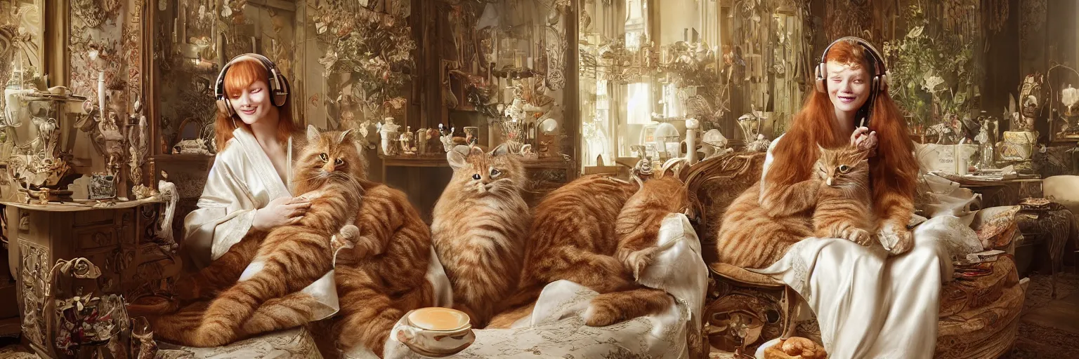 Image similar to a stunning hyper-detailed photorealistic painting of a solitary slender beautiful smiling woman with long ginger hair and bangs, wearing a luxurious silk robe, wearing headphones and posing with her large ginger tabby cat and her raccoon and parrots in an overstuffed easy chair in her sunlit victorian living room, holding a porcelain parrot-shaped coffee mug and a donut, perfect eyes, fashion photography, cinematic lighting, octane render, IBEX Masters, unreal engine, 85 mm lens,