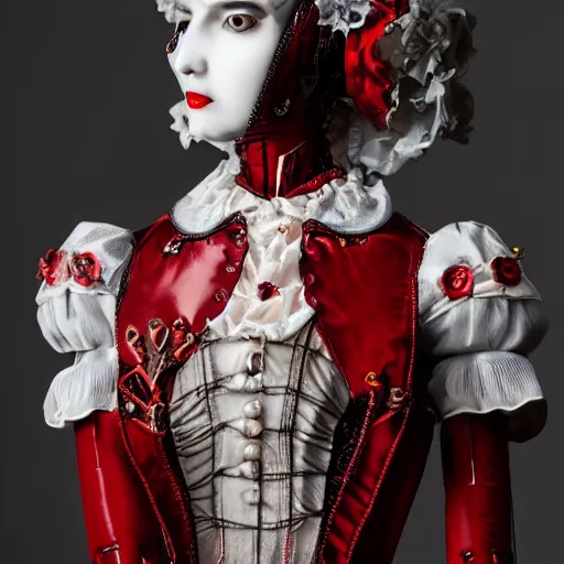 Image similar to red gothic cyborg victorian bizzare porcelain woman with artnouveau garment and ornaments sharp focus 8 k