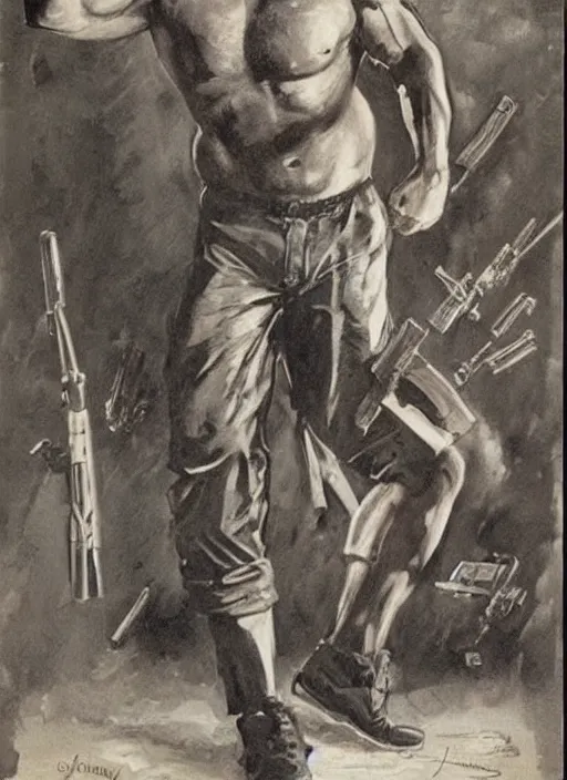 Image similar to gk chesterton as a buff action hero with muscles and a shotgun. portrait by james gurney. realistic face. awesome.